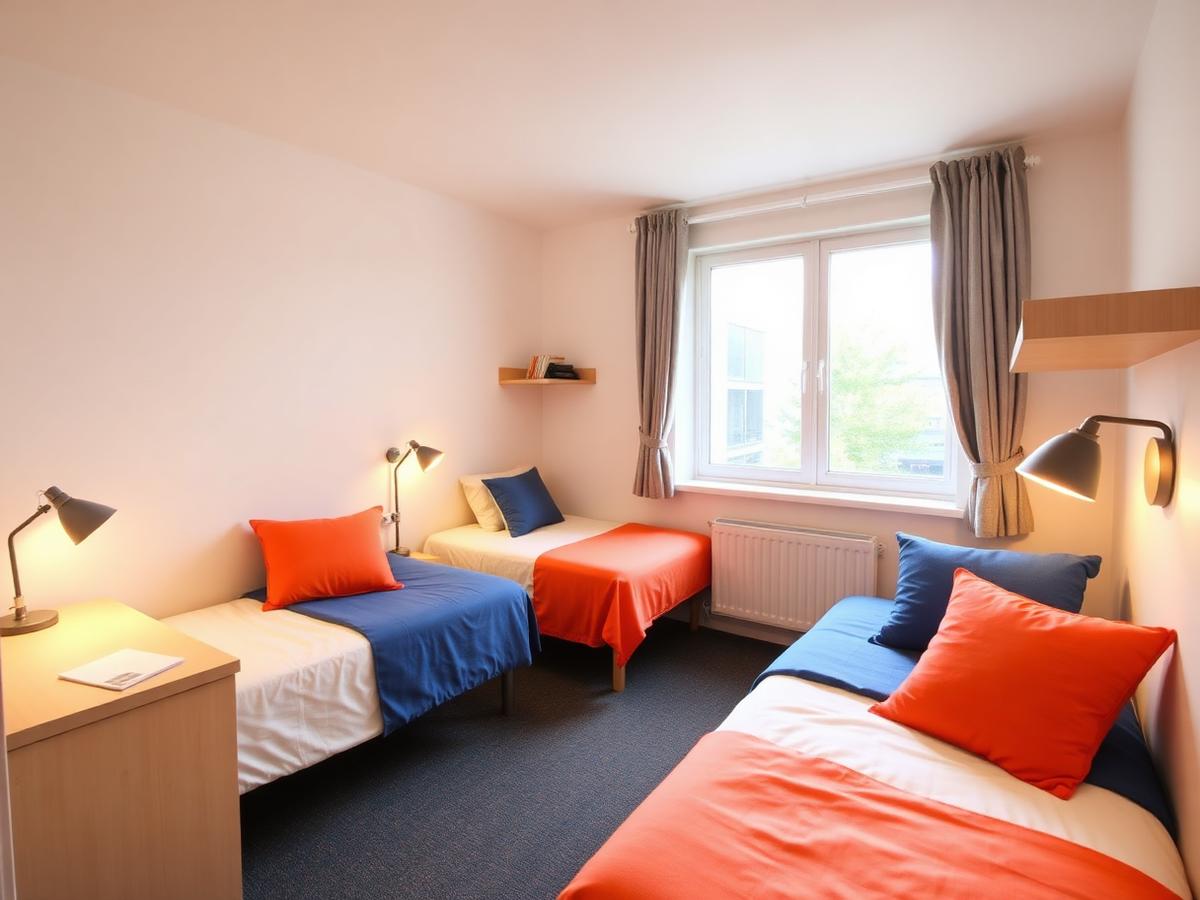 A furnished student hostel room
